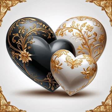 Two hearts in black and white with refined antique gold engravings creating a premium artistic feel on a bright white background 3D illustration. A symbol of love for Valentine's Day and weddings.