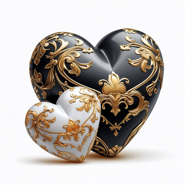 Centered composition of black and white hearts with rich antique gold details presented in a realistic 3D illustration form on white background. A symbol of love and the beginning of Valentine's Day.