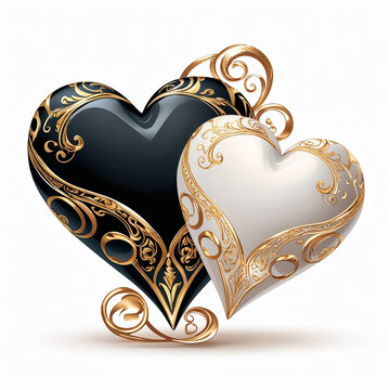 Stylish pair of black and white hearts decorated with detailed antique gold texture placed beautifully on pure white background in 3D style. Valentine Festival.