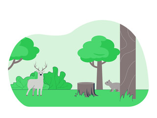 Obraz premium A forest or tree scene showing wildlife such as deer and a squirrel hidden behind a tree trunk. Ecosystem vector illustration. Flat illustration concept.
