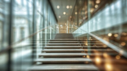 Modern Staircase Ascends in Bright with Blurred Office Lobby with Bokeh Lights.
