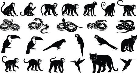 Black silhouettes of jungle animals including monkeys snakes toucans parrots and wild cats for tropical nature wildlife and zoo design concept © its
