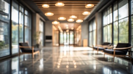 Modern Lobby Soft Focus with Warm Lights, Sleek Furniture, and Bokeh Background.