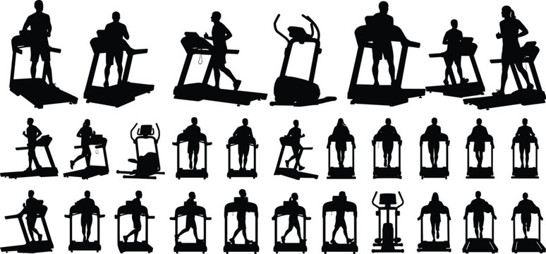 Black silhouettes of people running and walking on treadmills for cardio fitness training gym workout and healthy active lifestyle design