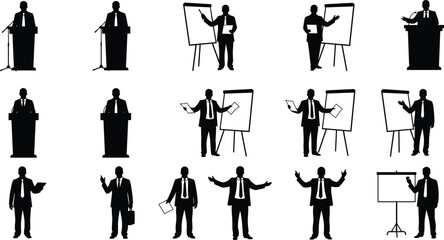 Business Presenter Silhouette Set Featuring Public Speakers at Lectern with Flipcharts and Whiteboards for Corporate Training Seminar and Conference Presentation Graphics