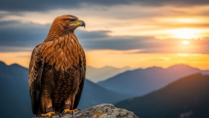 Majestic golden eagle perches at sunrise overlooking mountainous terrain with serenity