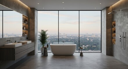 Modern Bathroom with Panoramic City View and Luxurious Fixtures.
