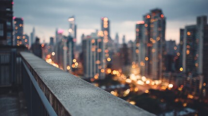 Cityscape Blurs Rooftop View of Illuminated Urban Skyline at Dusk.