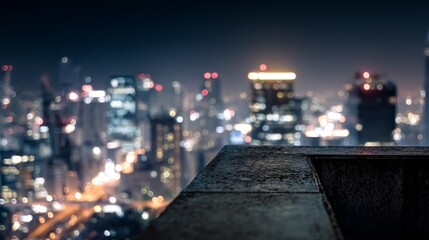 Cityscape at Night from Rooftop Edge with Blurred Lights, and Urban Skyline.