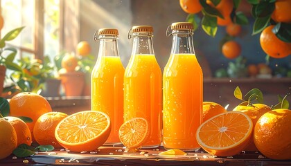 Freshly squeezed orange juice in glass bottles with orange fruit backdrop display