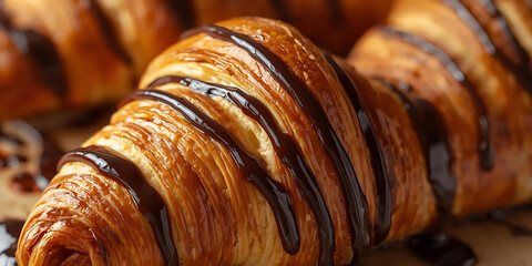 Golden-Brown Croissant Drizzled with Dark Chocolate