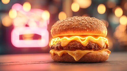 Glowing Cheeseburger Neon City Nightlife Appetizer Meal.