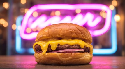 Juicy Cheeseburger Glows Under Neon Lights in Retro Diner Setting.
