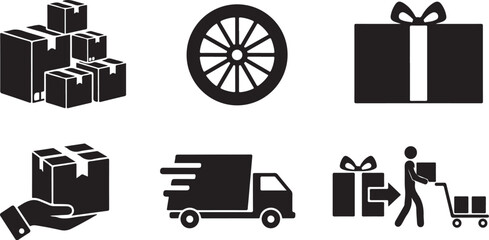Collection of black and white icons representing shipping logistics and delivery services