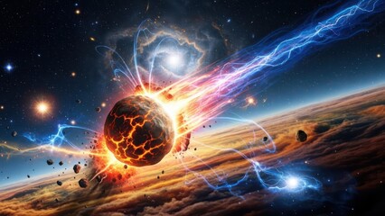 Dramatic space scene depicting asteroid impact with cosmic lightning effects in outer realm