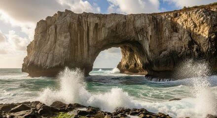 Dramatic coastal arch formation with powerful waves crashing against rocky shoreline