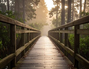 Obraz premium A wooden bridge through a misty forest, leading towards a bright opening in the distance. Sunlight shines