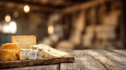 Artisanal cheese selection on rustic wood with warm ambiance.