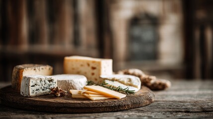 Artisanal Cheese Platter on Rustic Wood Table with Gourmet Delights.
