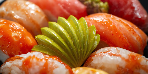 Assorted Sushi with Glossy Fish and Decorative Garnish