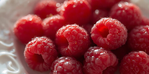 Fresh Ripe Raspberries with Dew on White Dish