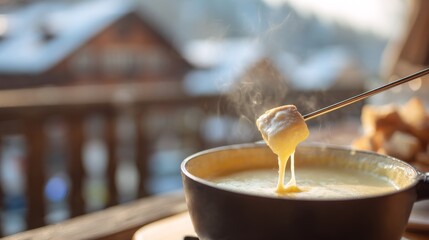 Cozy Alpine Fondue Melting Cheese  Mountain Views in Winter.