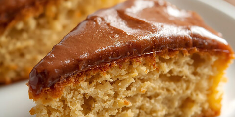 Close-Up of Moist Cake Slice with Glossy Chocolate Icing