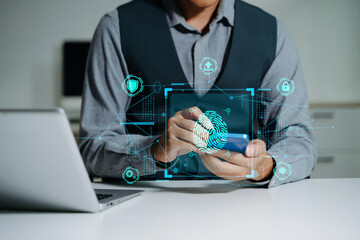 Biometric cyber security system and access control concept. Businessman using mobile smartphone tablet and laptop with virtual access control icon