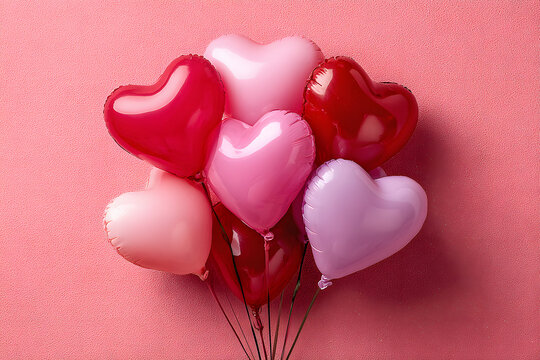 Valentine's day background with red and pink hearts like balloons on red background, flat lay, top-down view - Powered by Adobe