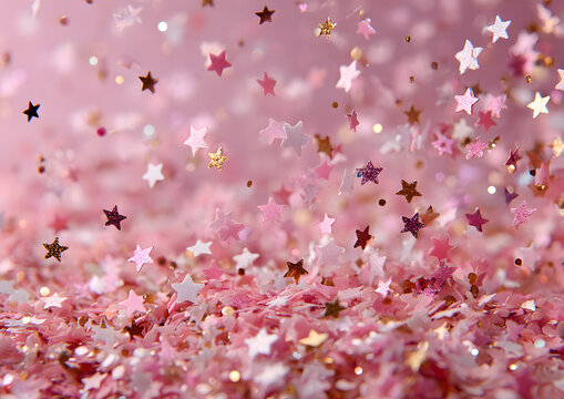 Pink confetti and stars and sparkles on pink background. - Powered by Adobe