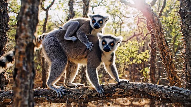 Ring Tailed Lemur Mother and Baby Climbing on Tree Branch in Dry Forest Habitat at Golden Hour Sunlight