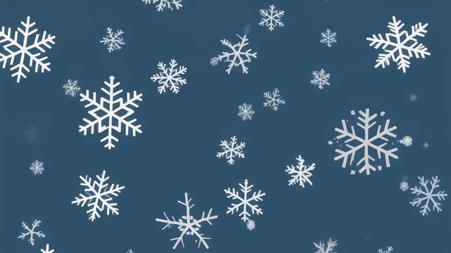 White snowflakes gently falling on a dark blue background.