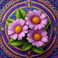 Vibrant floral blossoms rest atop an intricate mandala artwork.