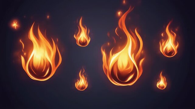 Set of vibrant orange flames on dark background.