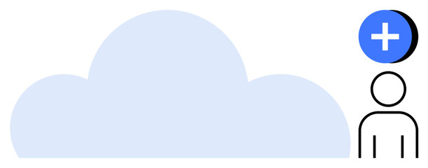 Cloud storage concept. Cloud storage with add user symbol for account creation and data management. Cloud storage for collaboration, user authentication, SaaS, digital platforms, online business
