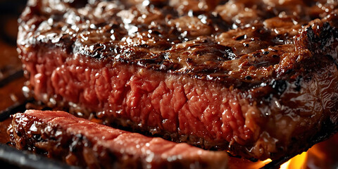 Juicy Grilled Steak with Charred Exterior and Flames