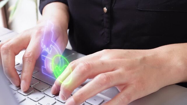 Laboratory analysis results. Close-up of a businesswoman working on her computer with a virtual microscope icon and a checkmark