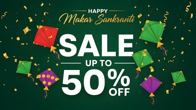 Happy makar sankranti sale up to 50 percent off with flying kites - Powered by Adobe