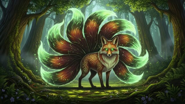 Enigmatic fox with luminescent tails standing guard in a mystical forest realm - Powered by Adobe