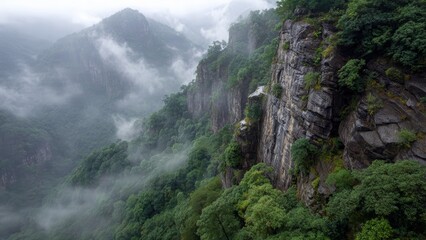 Obraz premium Steep verdant cliffs shrouded in mist and clouds dense forest covers the valley