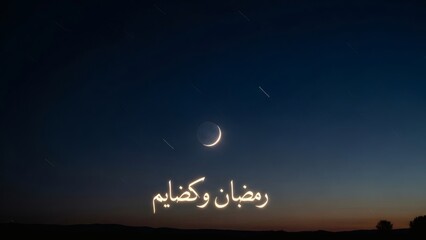 A crescent moon illuminates the night sky with Arabic calligraphy below it