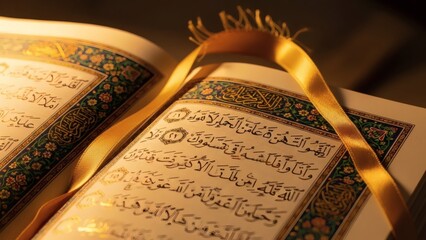 An open quran with ornate detailing and a golden bookmark lies illuminated in warm light
