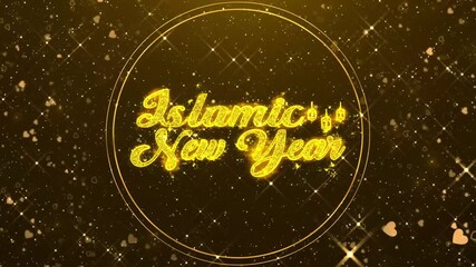 golden glittering islamic happy new year greeting background with glowing shiny love heart and star sparkling particles