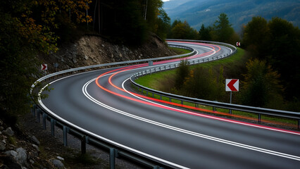 Scenic twilight view of a curved mountain road with glowing red light trails. Adventure travel and automotive performance concept.