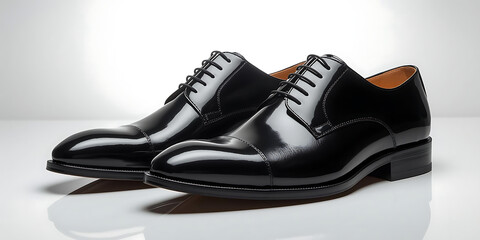 Glossy Black Leather Oxford Shoes on Reflective Surface