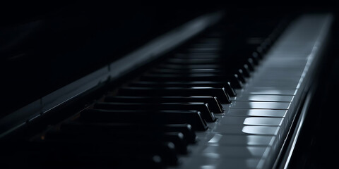 Piano Keyboard Close-Up in Dim Lighting with Glossy Keys