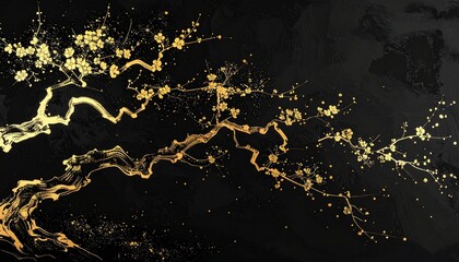 黒背景に金色で描く縁起の良い梅の木墨絵
