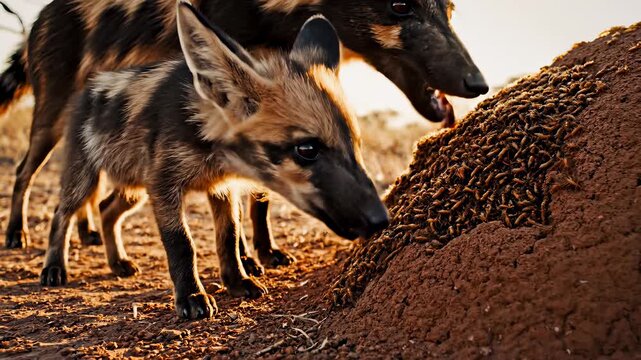 Two African Wild Dogs And A Cub Foraging For Food On A Termite Mound During Golden Hour In The African Savannah