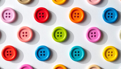 Fototapeta premium Flat lay pattern of colorful sewing buttons arranged on white background, playful and creative design concept with vibrant colors.