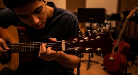 A young person intently playing an acoustic guitar in a dimly lit music studio, focusing on the fretboard with dedication.